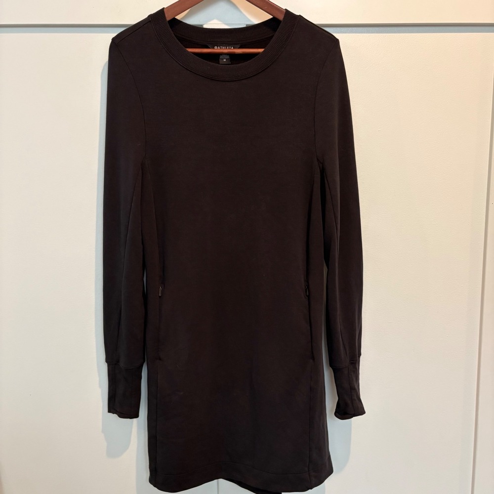 Athleta Sweatshirt Dress Women Medium Black Fleece Lined Zip Pockets